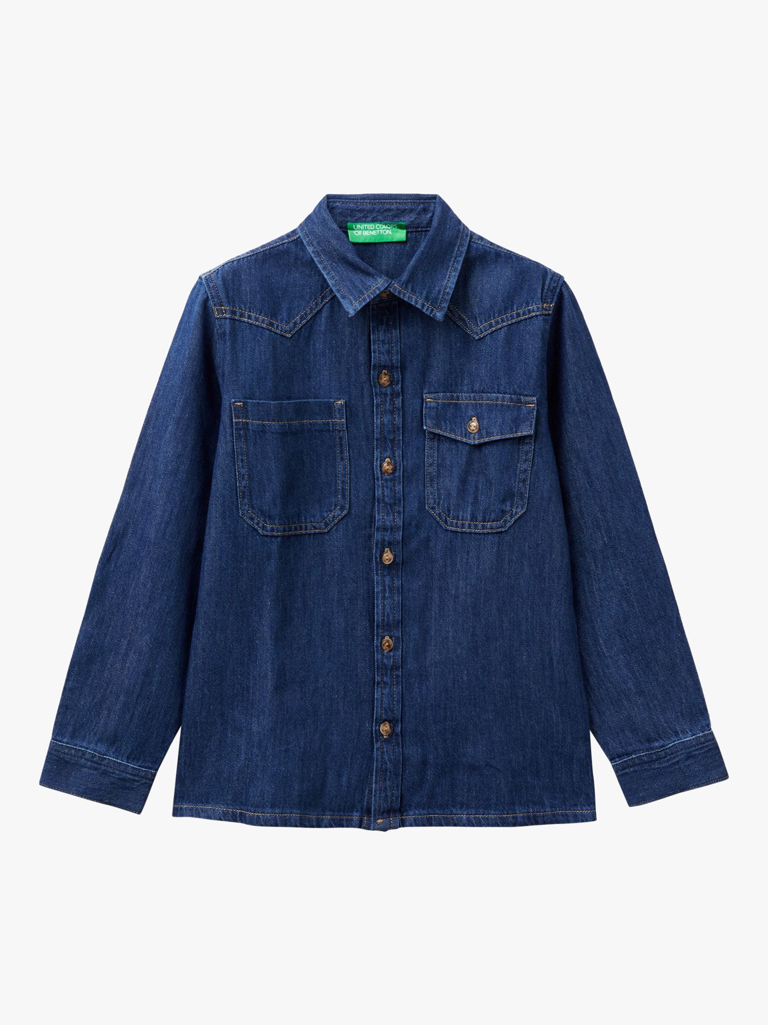 Benetton Kids' Classic Denim Long Sleeve Shirt, Medium Blue, 8-9 years