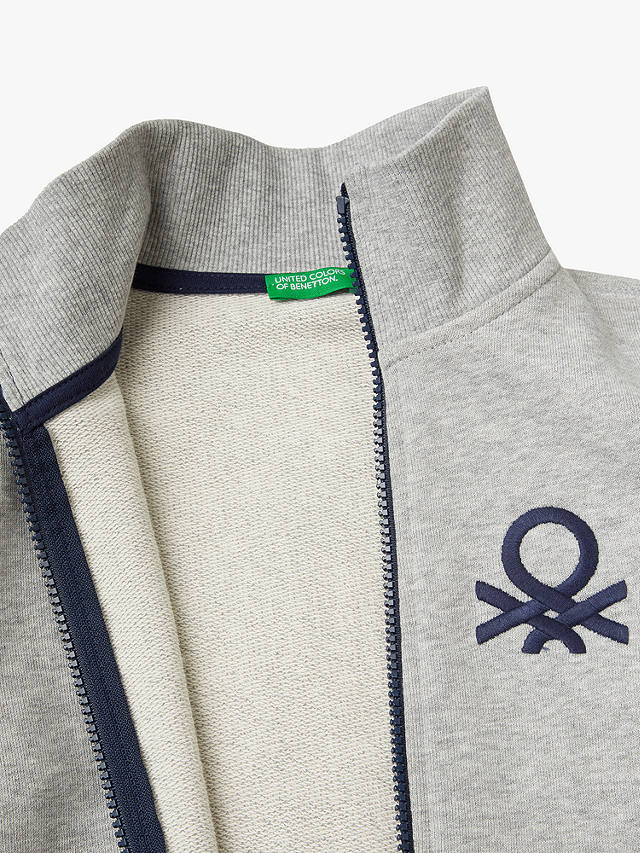 Benetton Kids' Logo Zip Through Rib Collar Sweatshirt, Medium Melange Grey