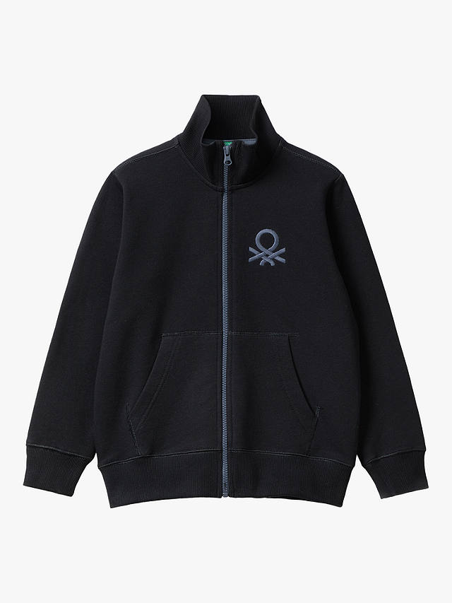 Benetton Kids' Logo Zip Through Rib Collar Sweatshirt, Black