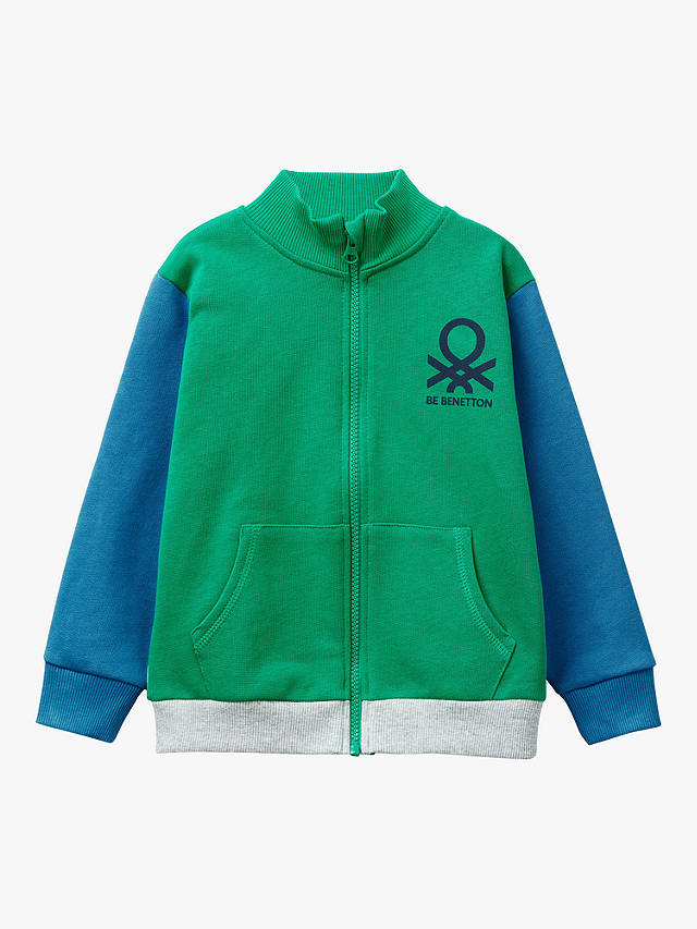 Benetton Kids' Logo Two Tone Zip Through Sweatshirt, Green/Multi