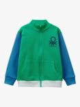 Benetton Kids' Logo Two Tone Zip Through Sweatshirt, Green/Multi, Green/Multi