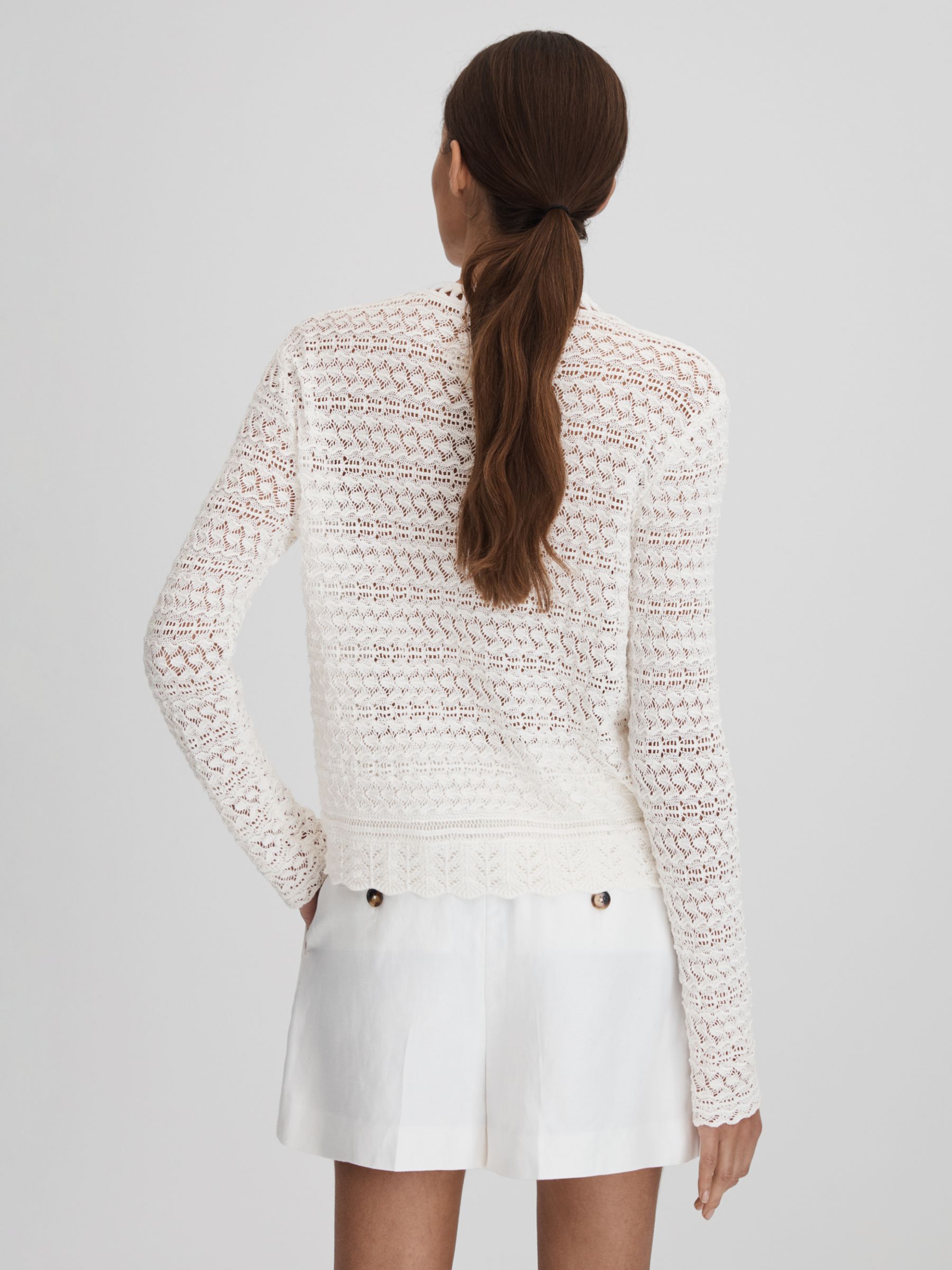 Reiss Sim Long Sleeve Crochet Top, White, XS