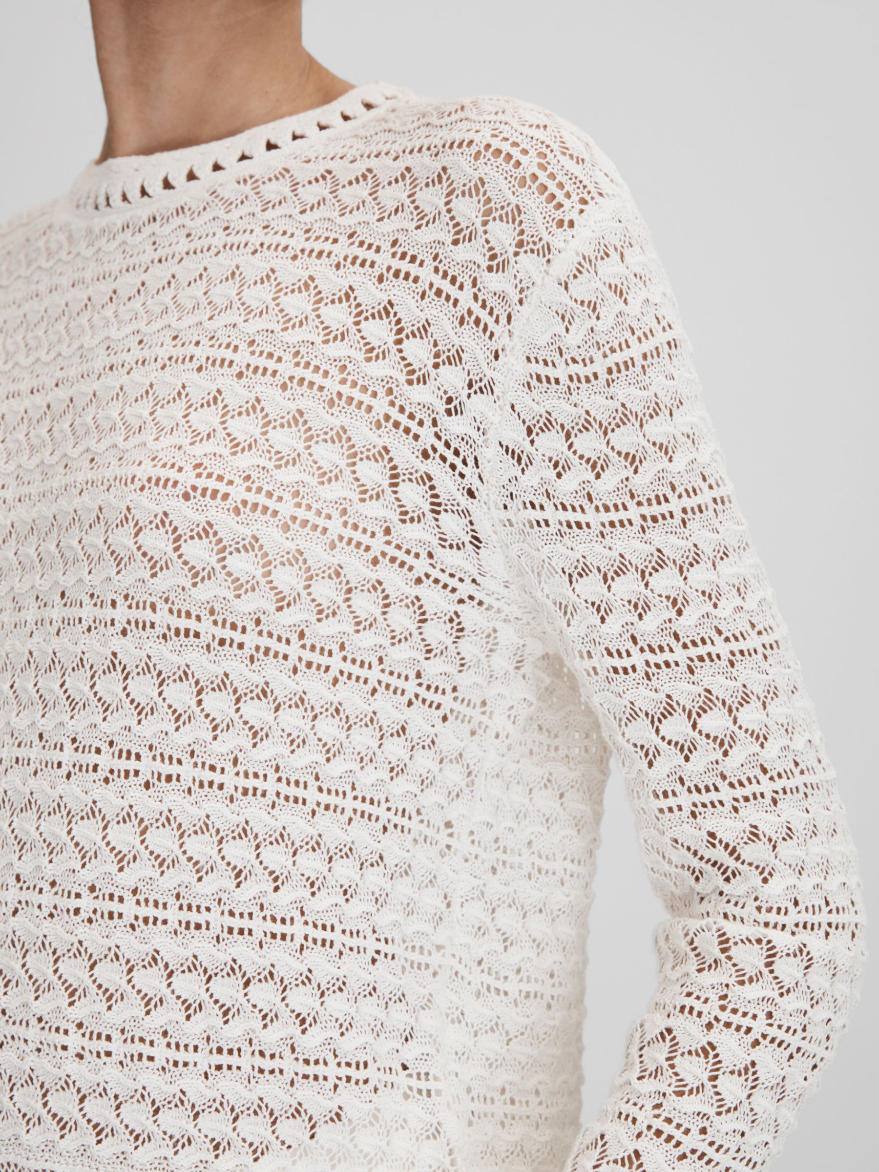 Reiss Sim Long Sleeve Crochet Top, White, XS