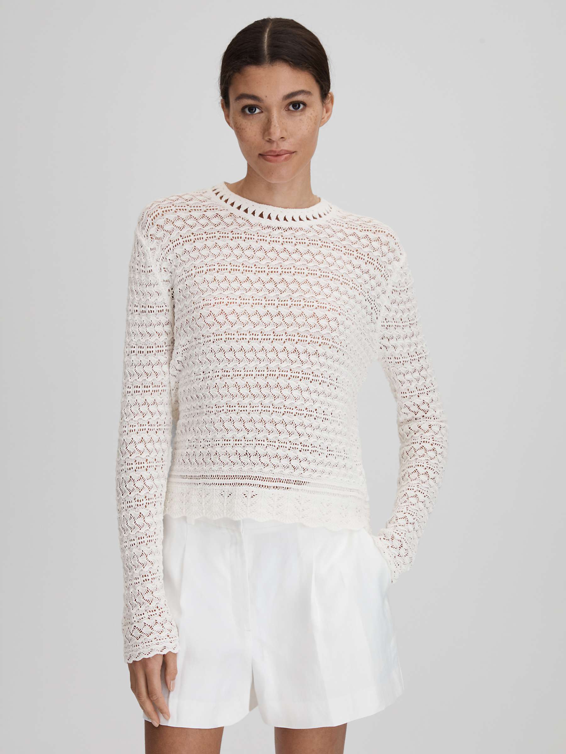 Buy Reiss Sim Long Sleeve Crochet Top, White Online at johnlewis.com