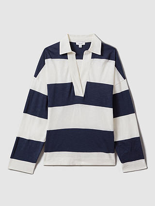 Reiss Abigail Striped Open Collar Rugby Style Top, Navy/Ivory