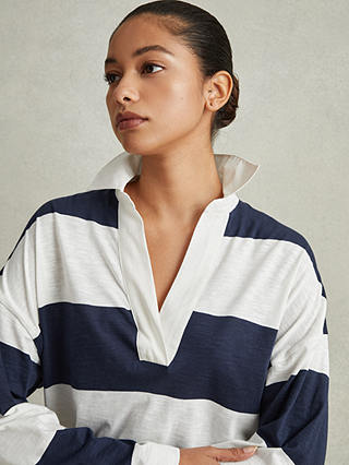 Reiss Abigail Striped Open Collar Rugby Style Top, Navy/Ivory