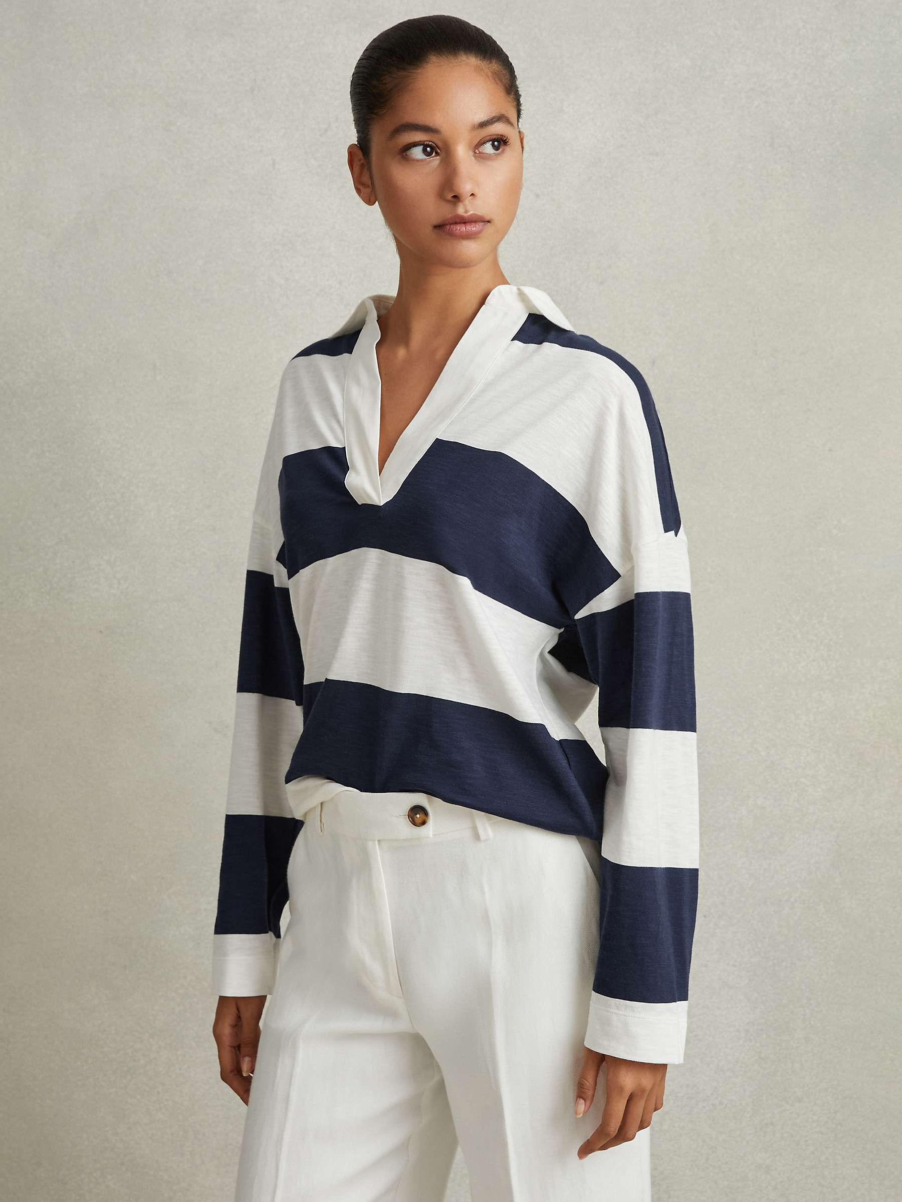 Buy Reiss Abigail Striped Open Collar Rugby Style Top, Navy/Ivory Online at johnlewis.com