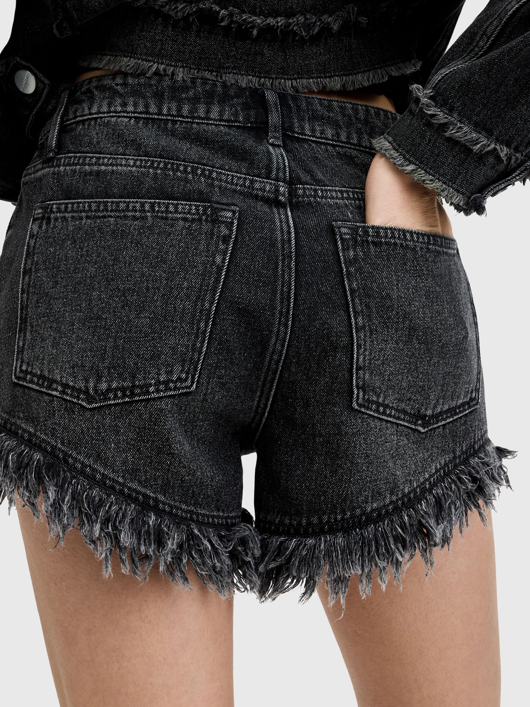 AllSaints Hailey Frayed Hem Denim Shorts, Washed Black, 10
