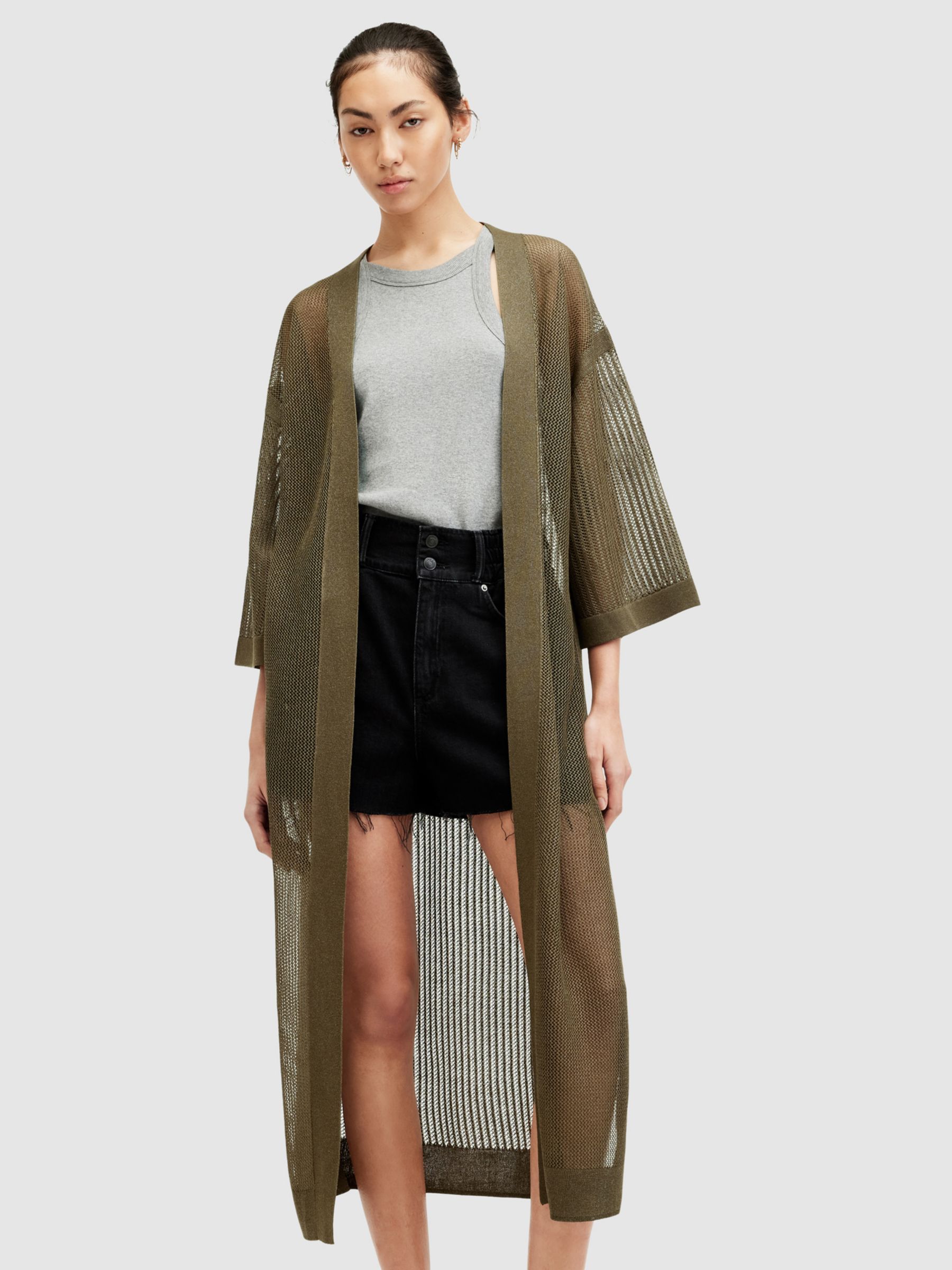 AllSaints Misha Knit Kimono, Khaki Green, L