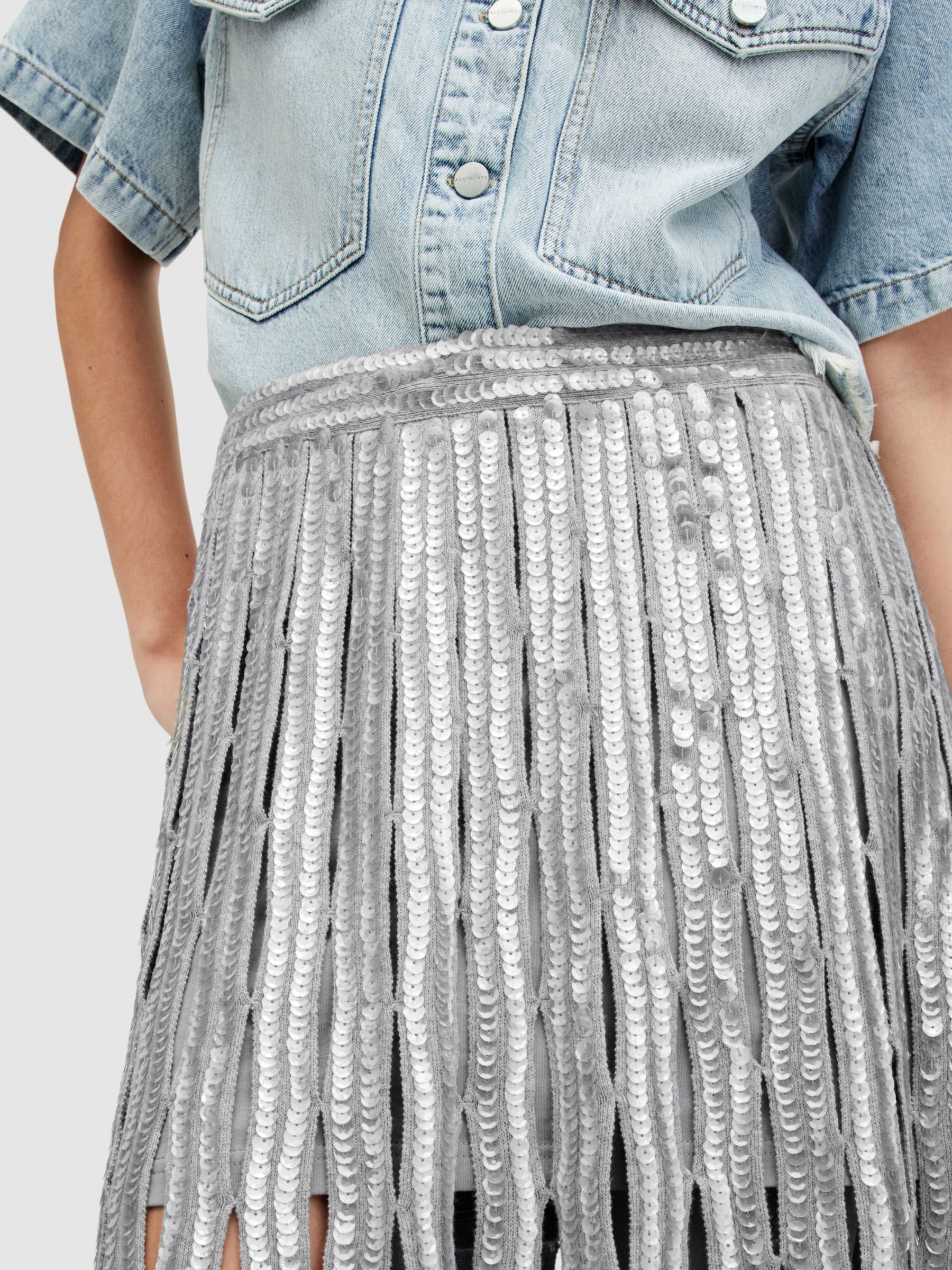 Buy AllSaints Francesca Sequin Fringe Midi Skirt, Grey Online at johnlewis.com