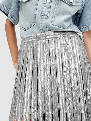 AllSaints Francesca Sequin Fringe Midi Skirt, Grey