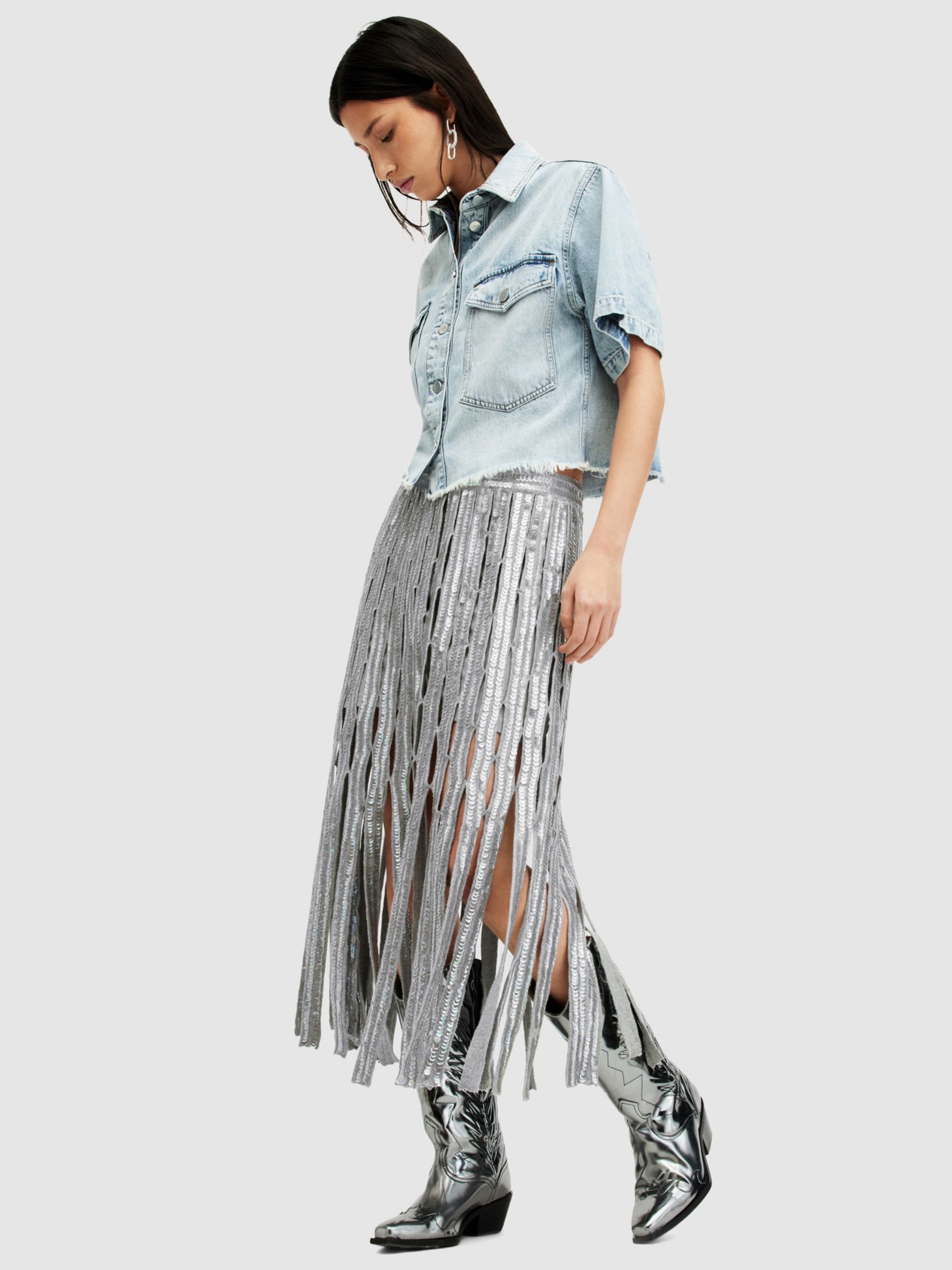 Buy AllSaints Francesca Sequin Fringe Midi Skirt, Grey Online at johnlewis.com