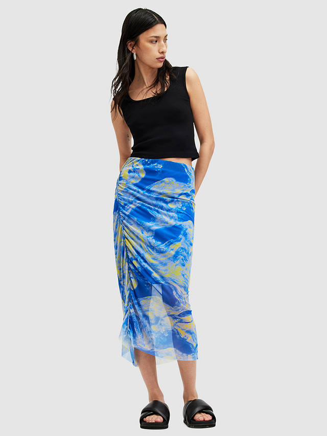 AllSaints Nora Abstract Print Sheer Midi Skirt, Electric Blue/Multi