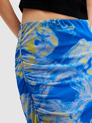 AllSaints Nora Abstract Print Sheer Midi Skirt, Electric Blue/Multi