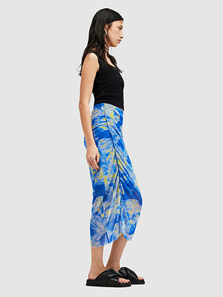 AllSaints Nora Abstract Print Sheer Midi Skirt, Electric Blue/Multi