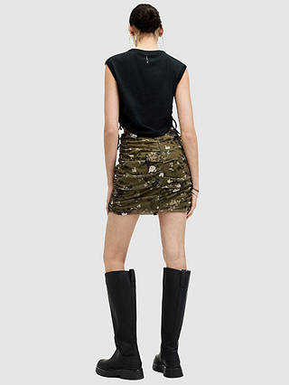 AllSaints Gloria Kora Floral Print Gathered Mini Skirt, Khaki/Multi