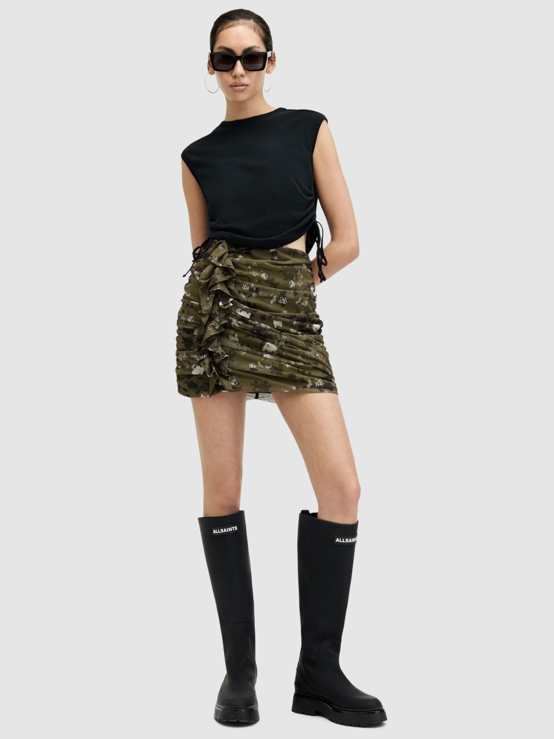 Buy AllSaints Gloria Kora Floral Print Gathered Mini Skirt, Khaki/Multi Online at johnlewis.com