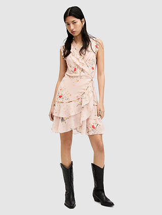 AllSaints Ari Kora Frill Detail Mini Wrap Dress, Dusty Pink/Multi