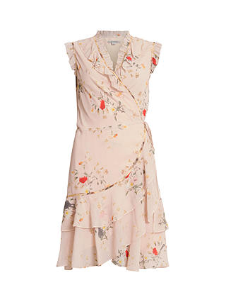 AllSaints Ari Kora Frill Detail Mini Wrap Dress, Dusty Pink/Multi