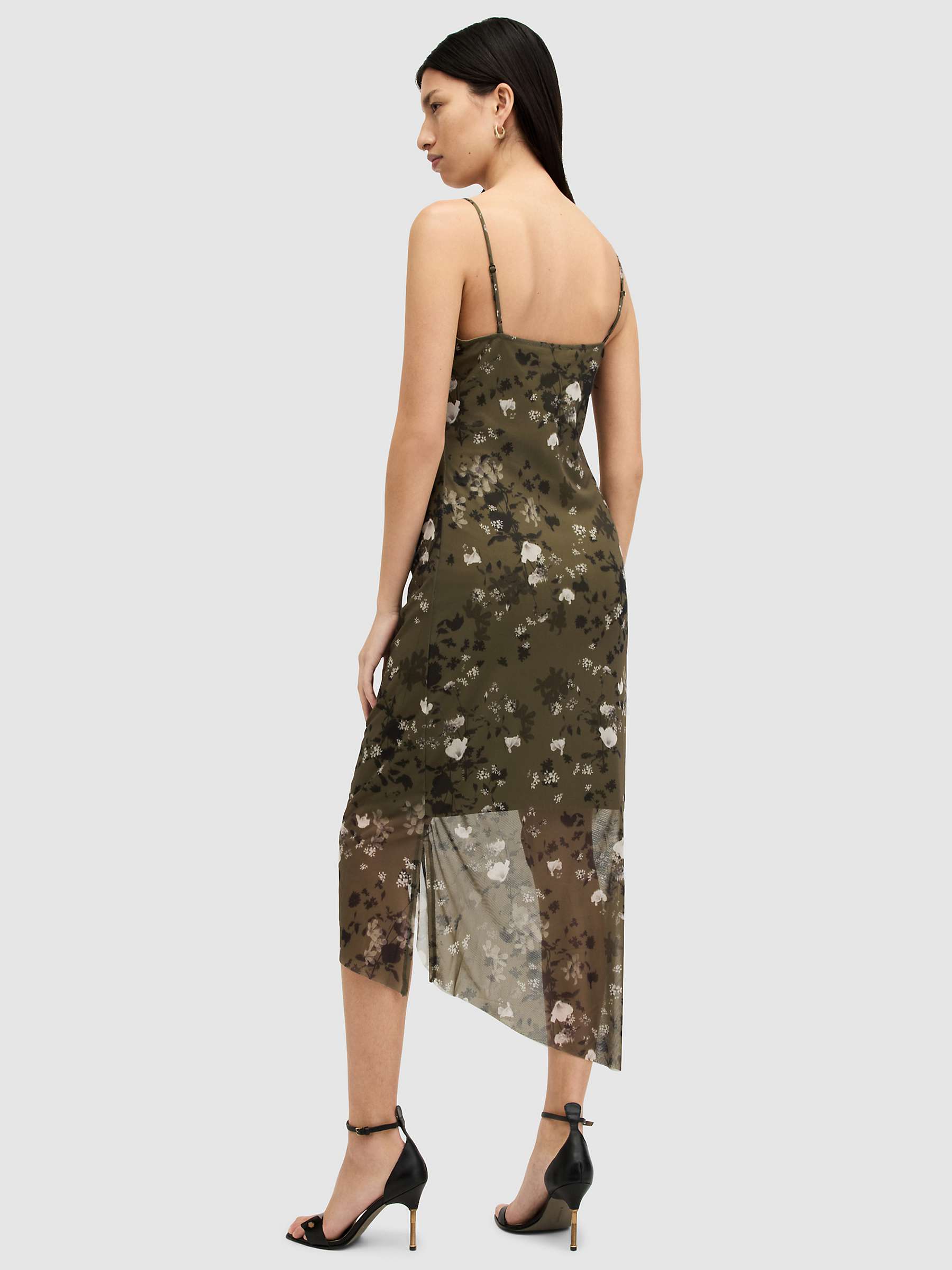 Buy AllSaints Ulla Kora Floral Print Ruched Bodycon Midi Dress, Khaki/Multi Online at johnlewis.com