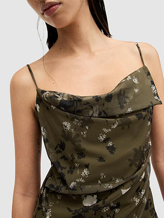 AllSaints Ulla Kora Floral Print Ruched Bodycon Midi Dress, Khaki/Multi
