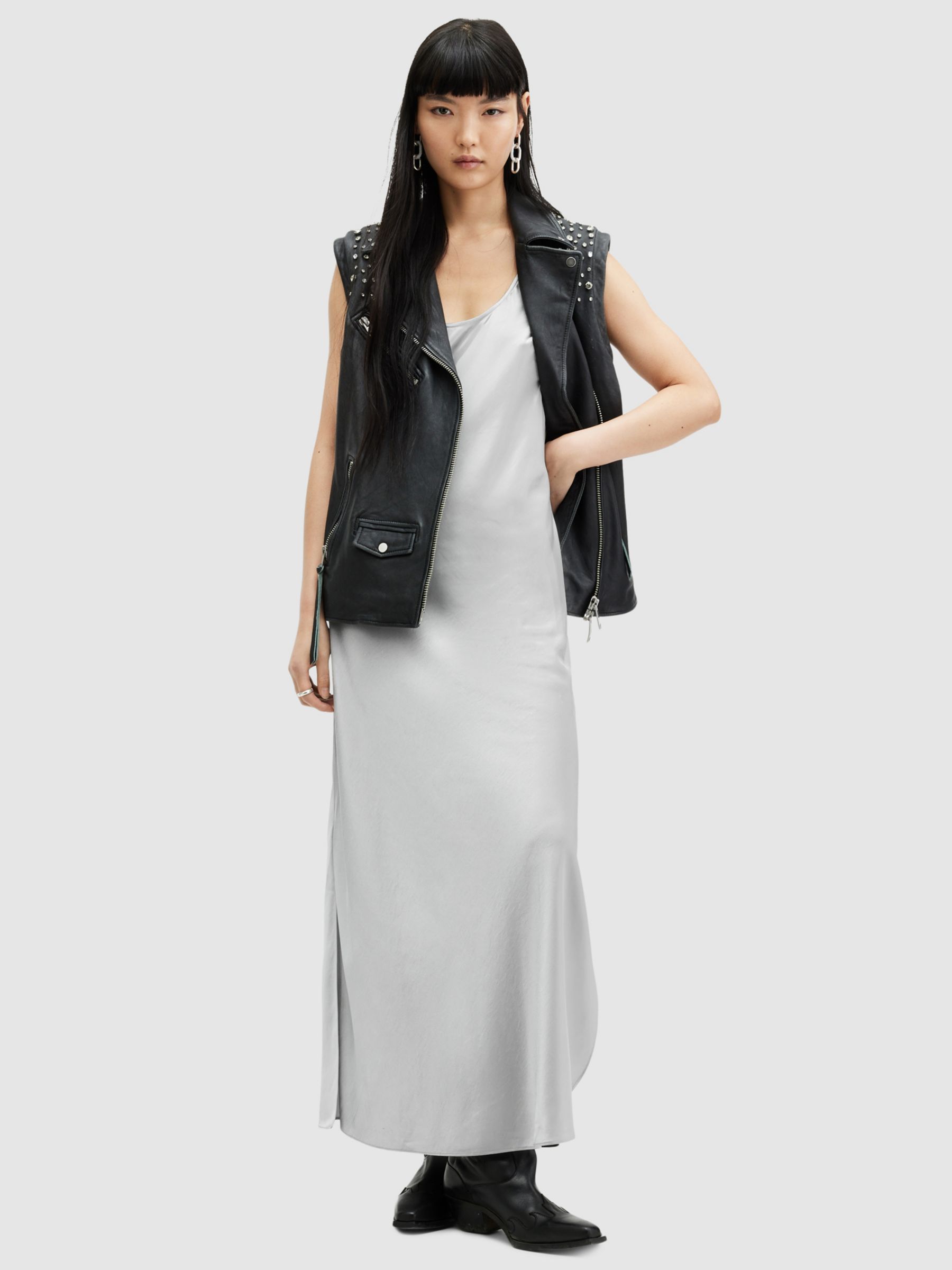 AllSaints Lisa Satin Maxi Dress, Dark Silver, 12