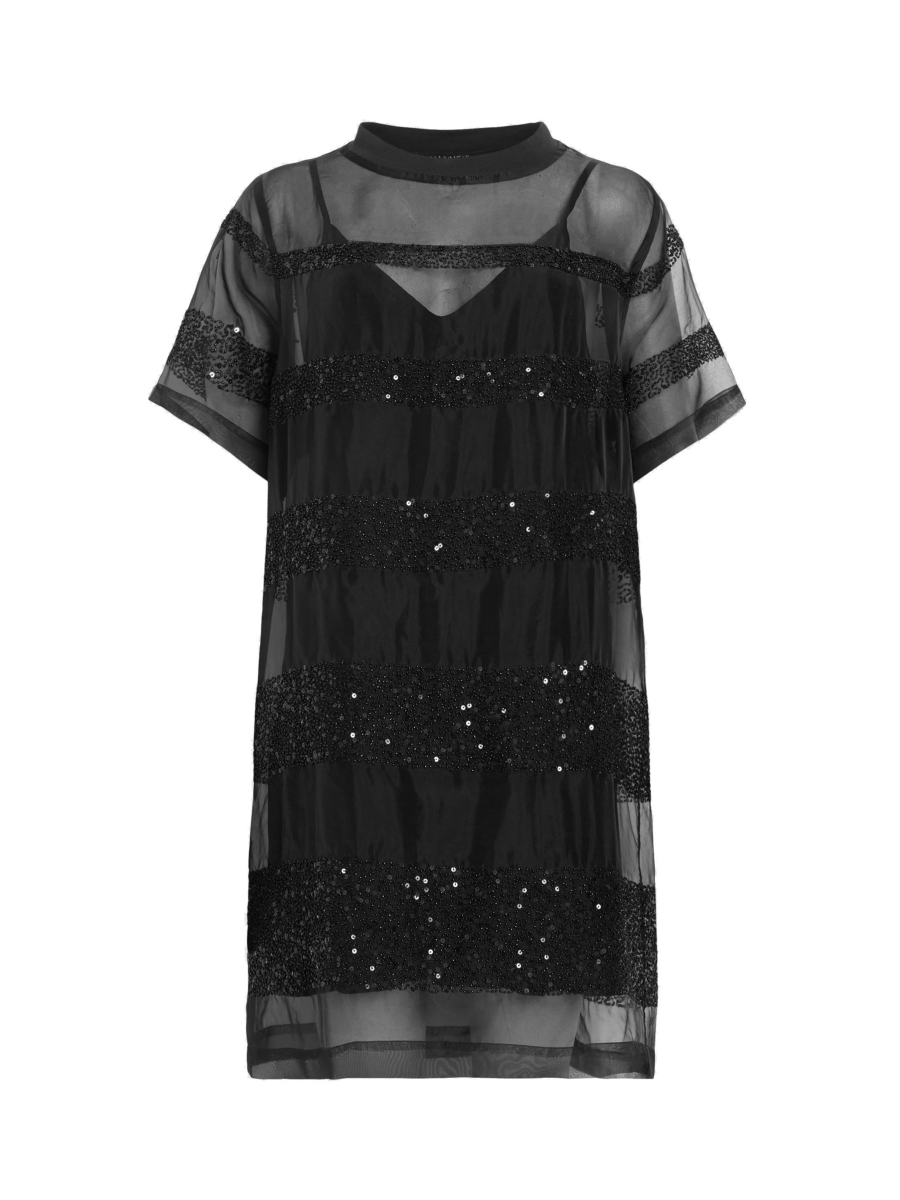 AllSaints Izabela Embellished Mesh Mini Dress, Black, 10