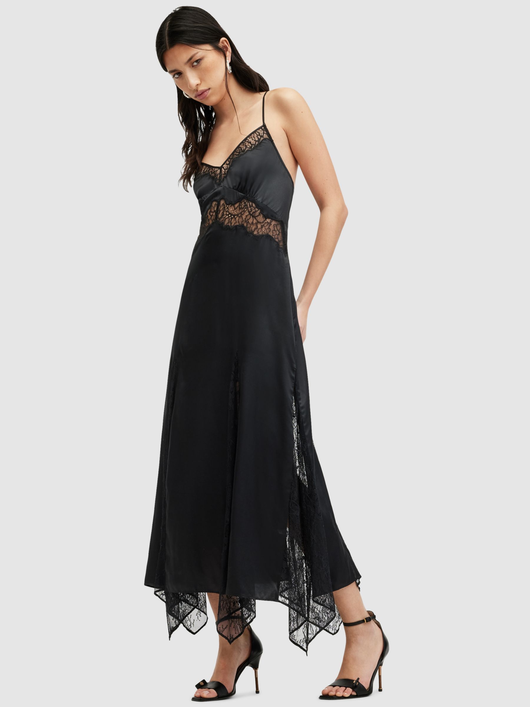 AllSaints Jasmine Silk Blend Midi Dress, Black, 6