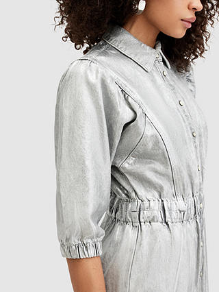 AllSaints Osa Metallic Denim Midi Shirt Dress, Silver