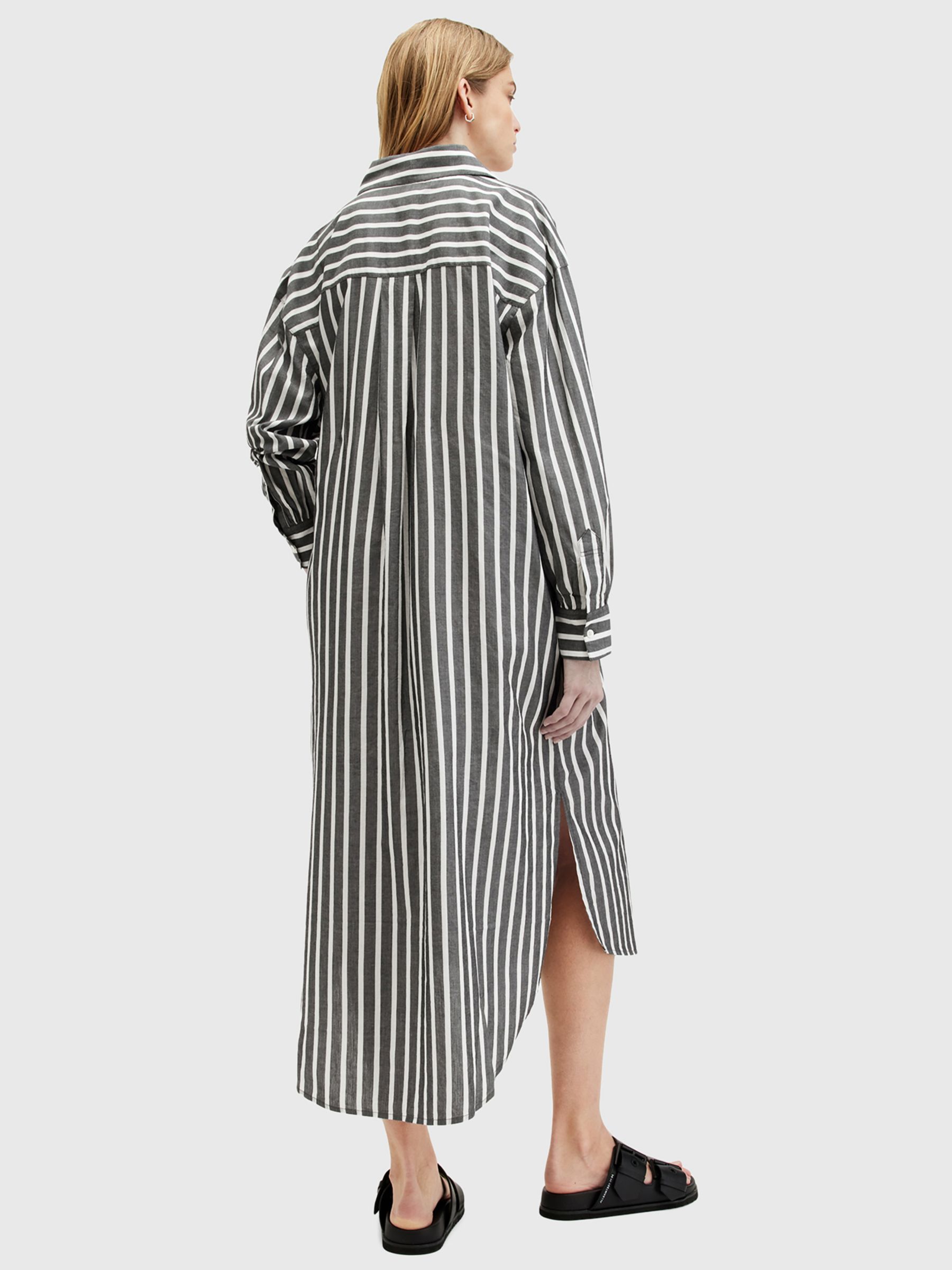 AllSaints Ani Striped Midi Shirt Dress, Black/Chalk, 10