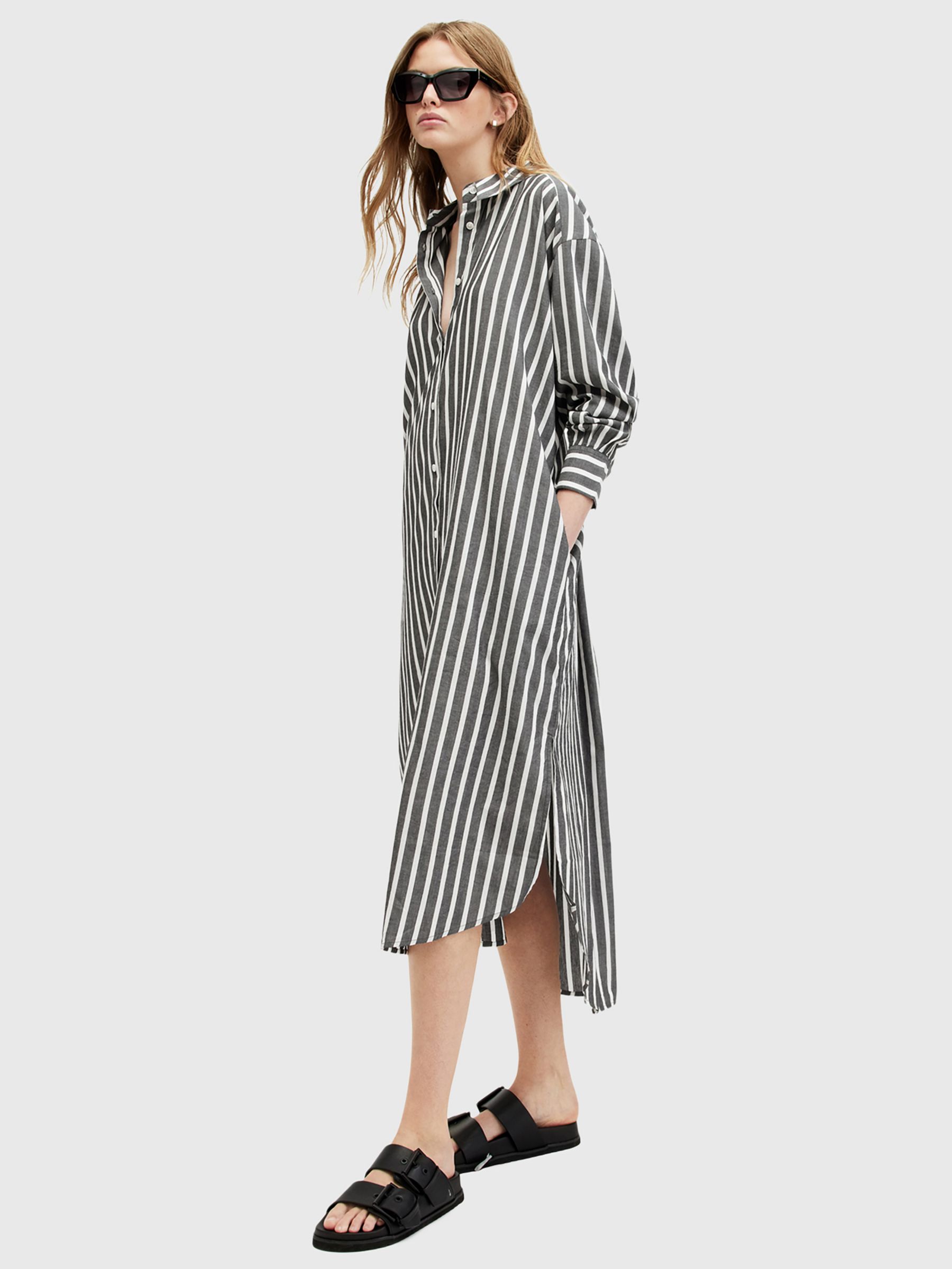 AllSaints Ani Striped Midi Shirt Dress, Black/Chalk, 10