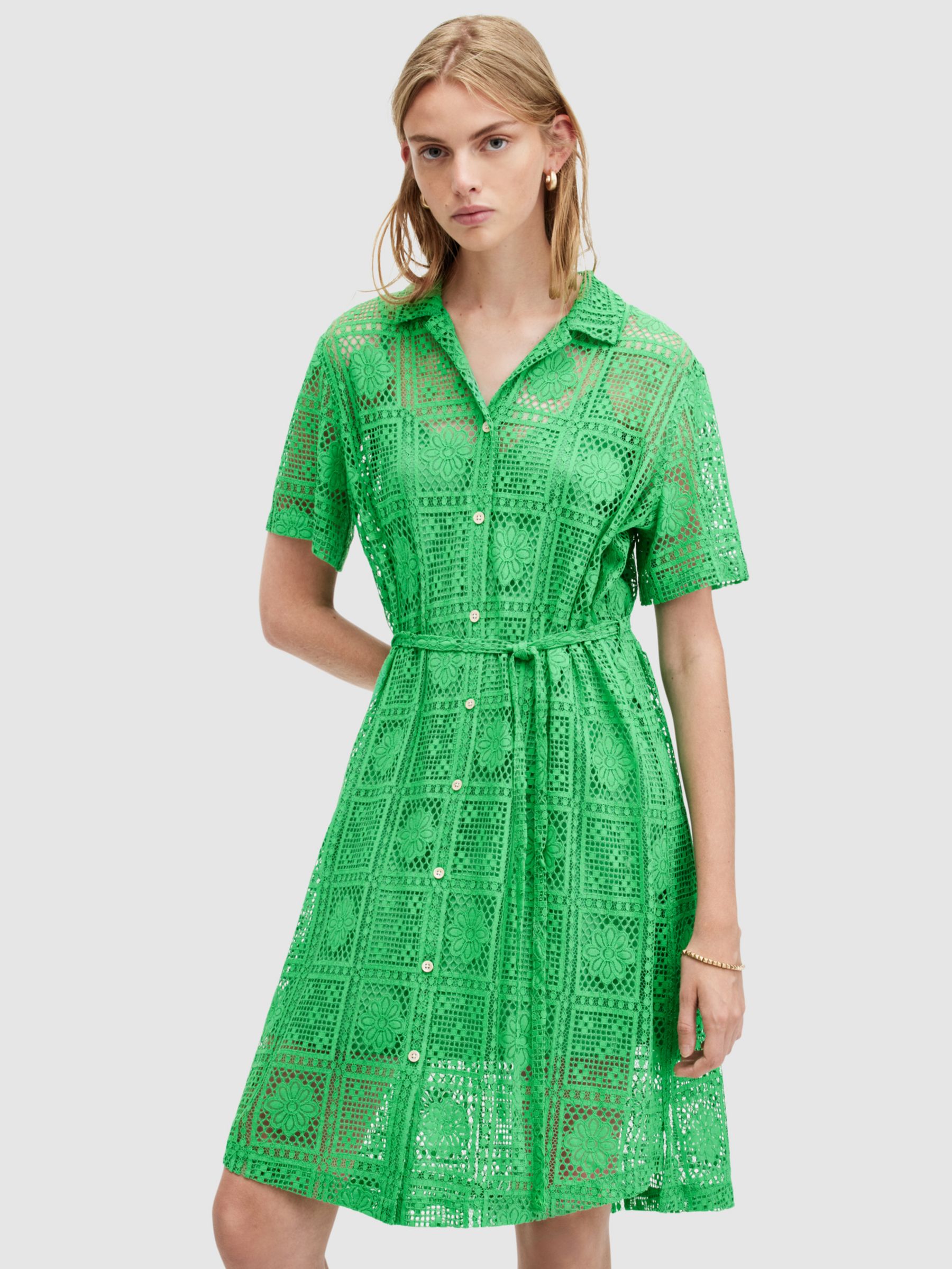 AllSaints Athea Crochet Knee Length Dress, Spectra Green, 10