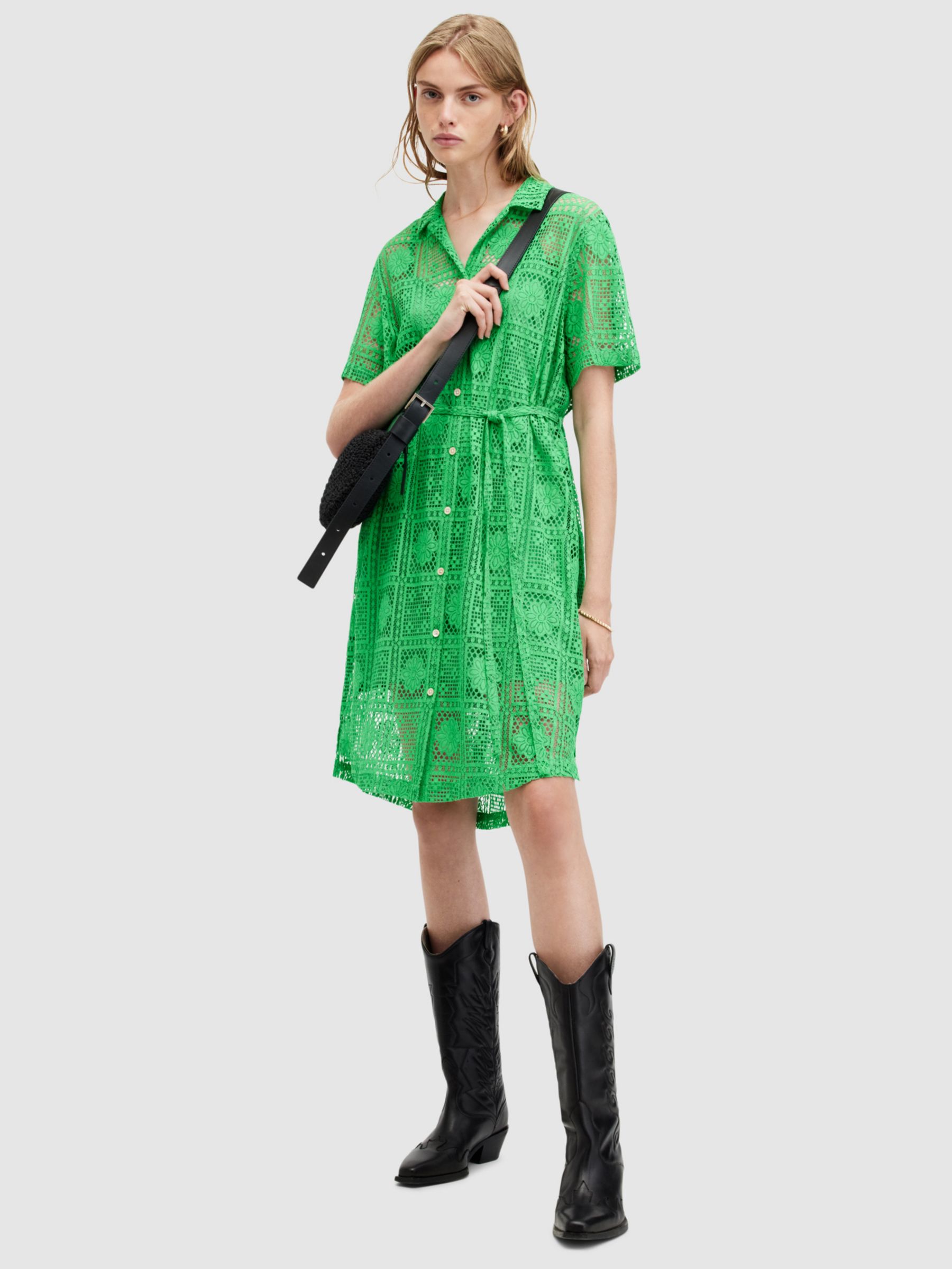 AllSaints Athea Crochet Knee Length Dress, Spectra Green, 10