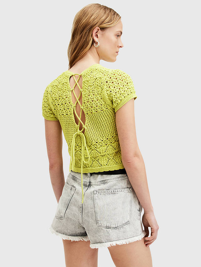 AllSaints Briar Short Sleeve Crochet Knit Top, Zest Lime Green