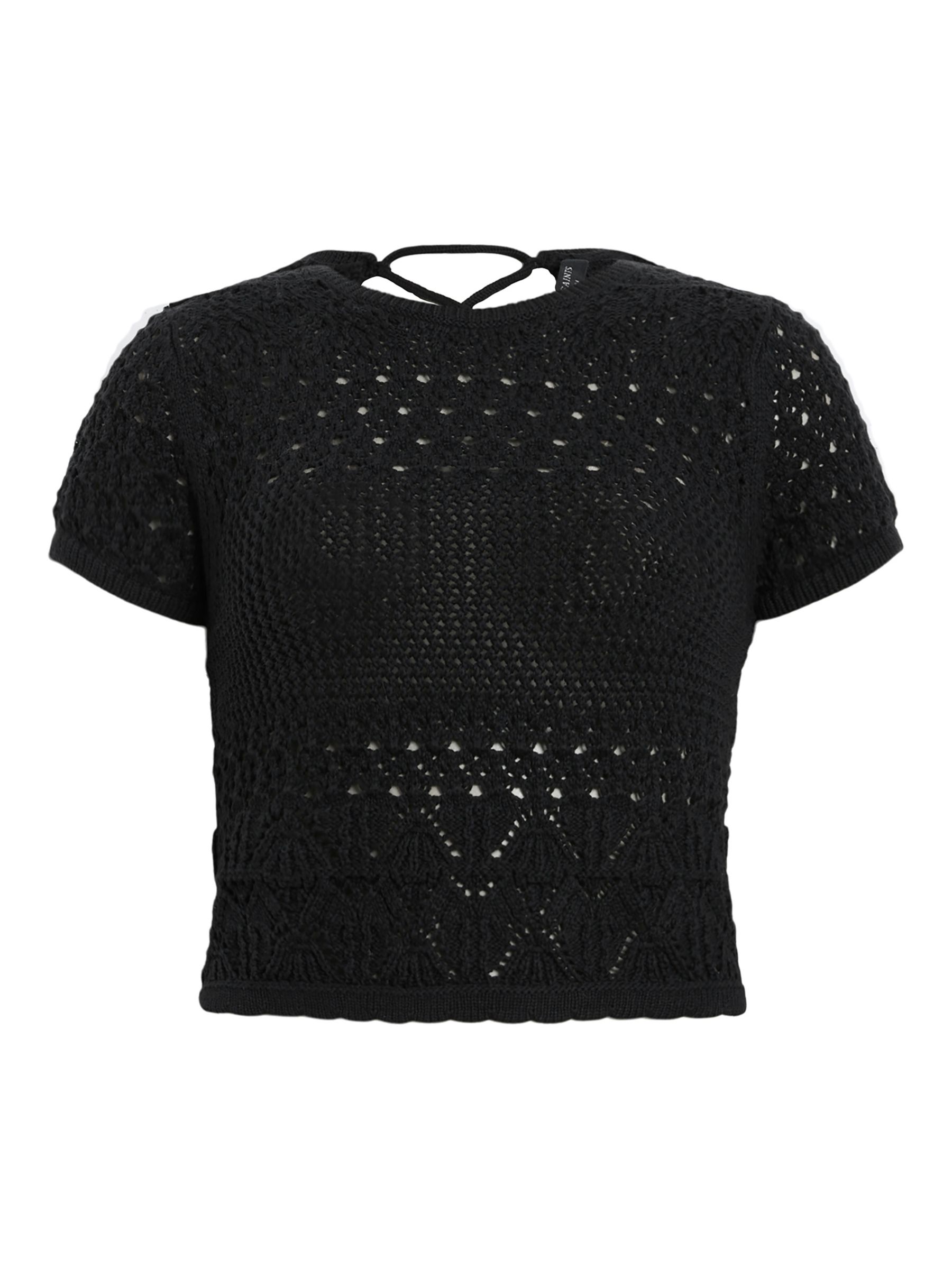 AllSaints Briar Short Sleeve Crochet Knit Top, Black, L