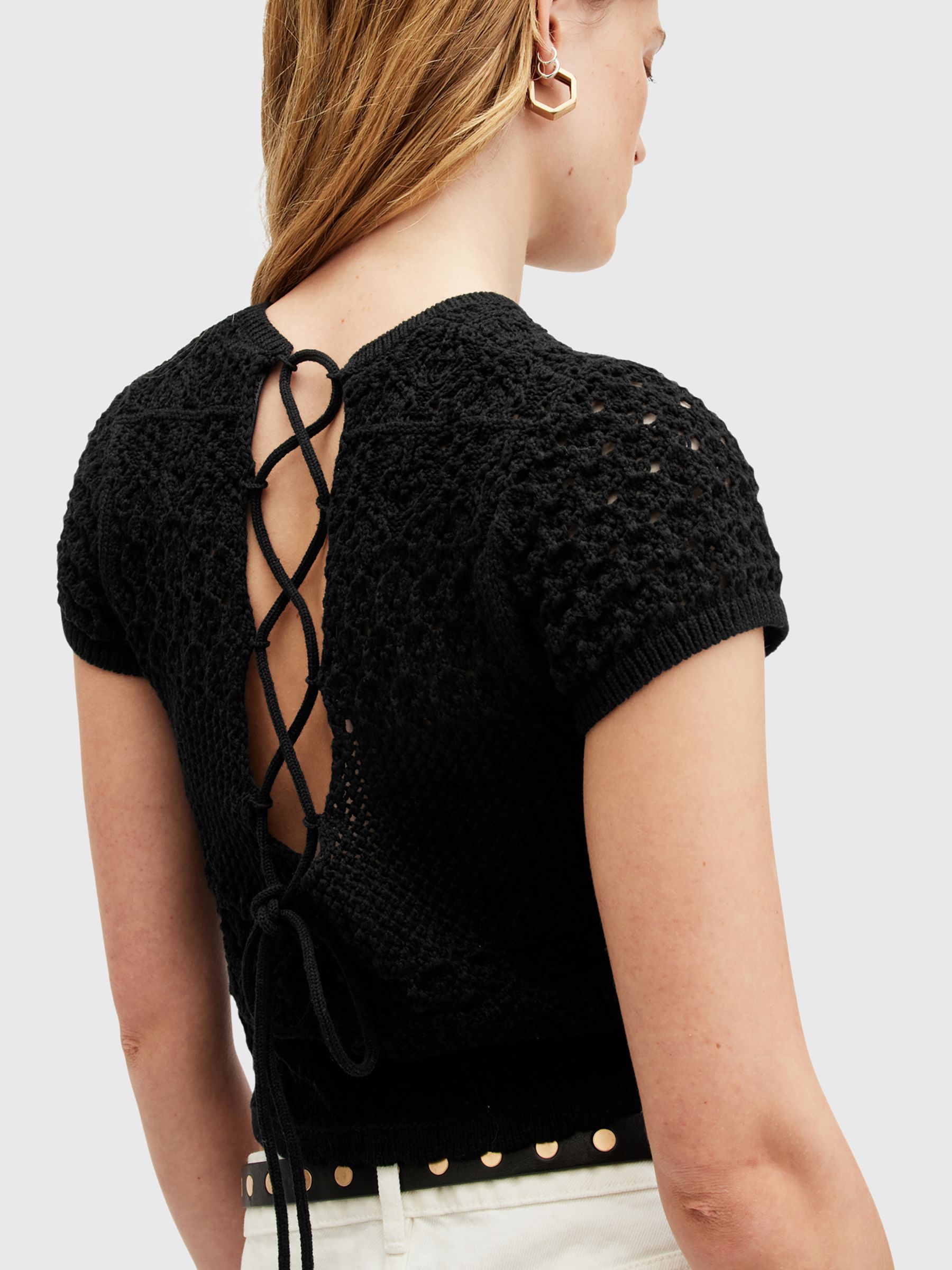 AllSaints Briar Short Sleeve Crochet Knit Top, Black, L
