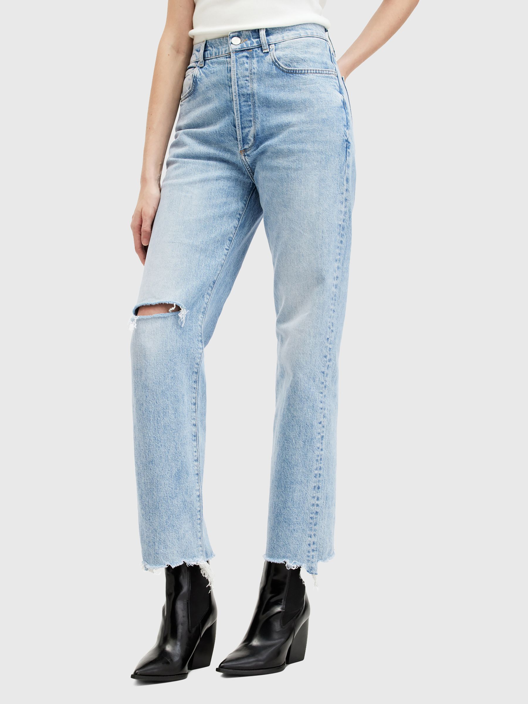 AllSaints Edie High Rise Ripped Straight Jeans, Light Indigo, 30