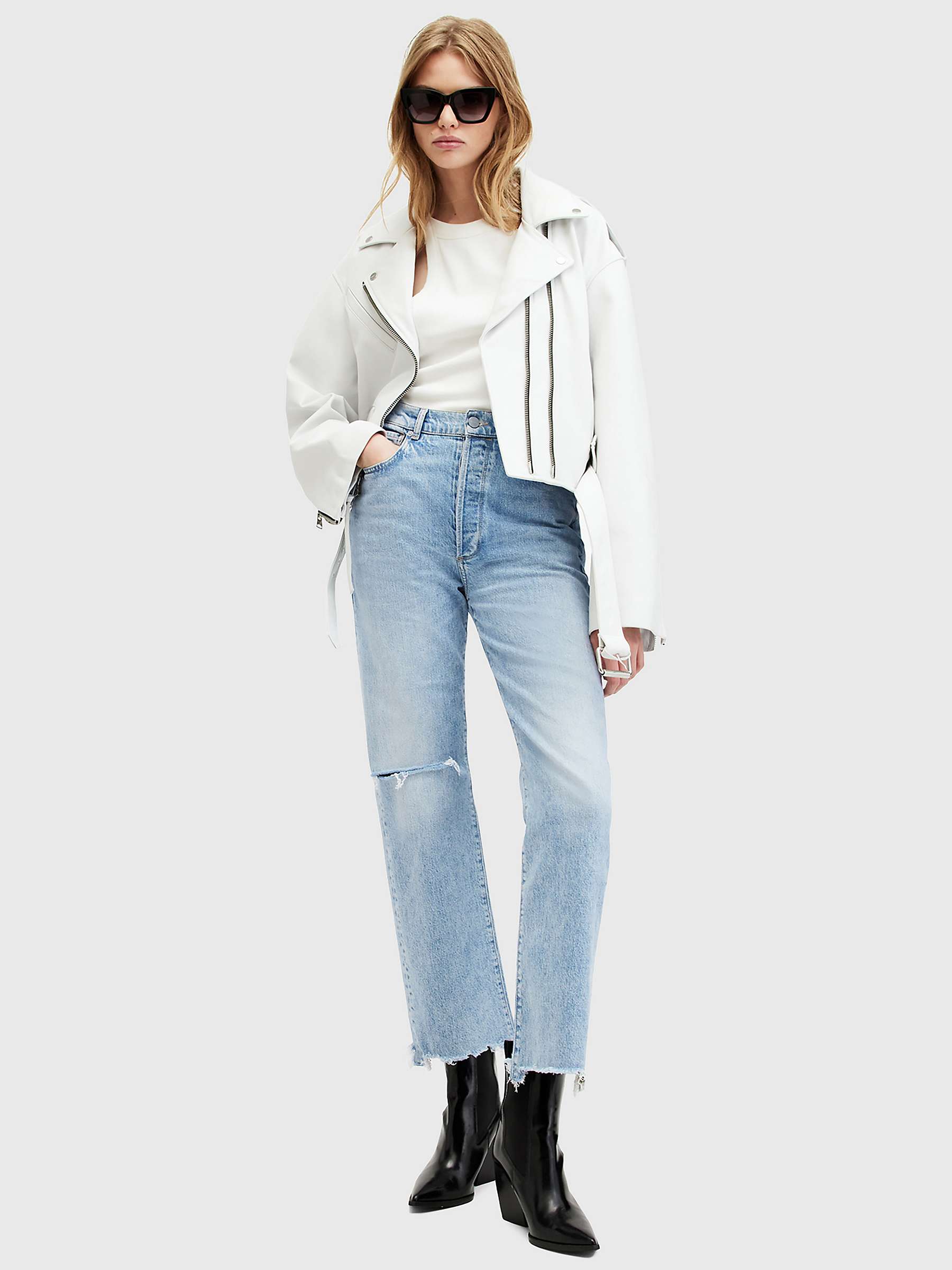 Buy AllSaints Edie High Rise Ripped Straight Jeans, Light Indigo Online at johnlewis.com