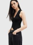 AllSaints Cruz Button Through Ribbed Sleeveless Top, Black