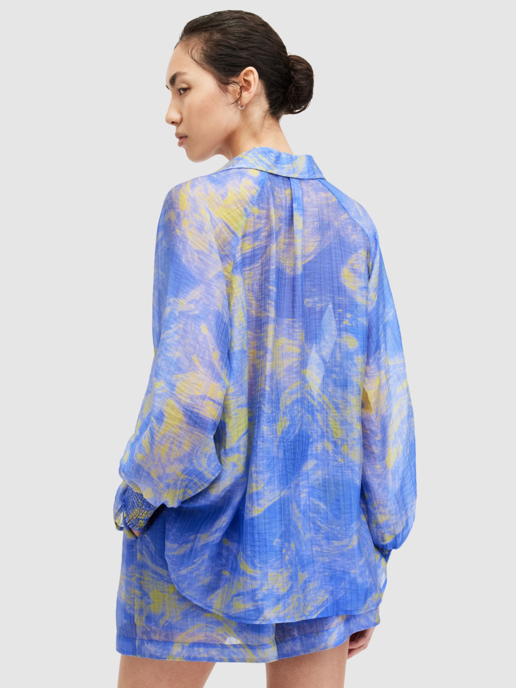 AllSaints Isla Inspiral Abstract Print Shirt, Electric Blue/Yellow, 10