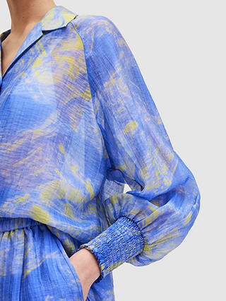AllSaints Isla Inspiral Abstract Print Shirt, Electric Blue/Yellow