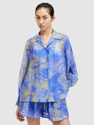 AllSaints Isla Inspiral Abstract Print Shirt, Electric Blue/Yellow