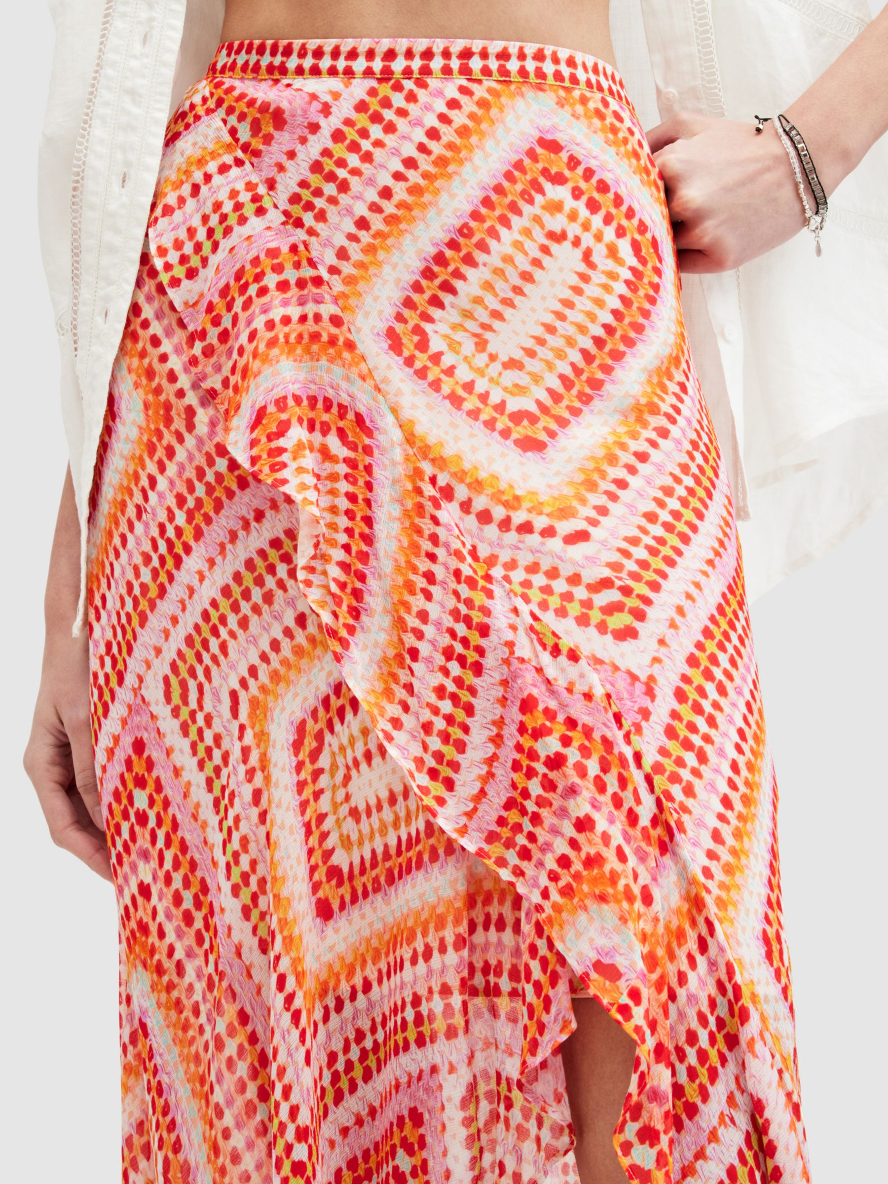 Buy AllSaints Sara Luisa Asymmetric Wrap Maxi Skirt, Blood Orange/Multi Online at johnlewis.com
