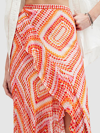 AllSaints Sara Luisa Asymmetric Wrap Maxi Skirt, Blood Orange/Multi