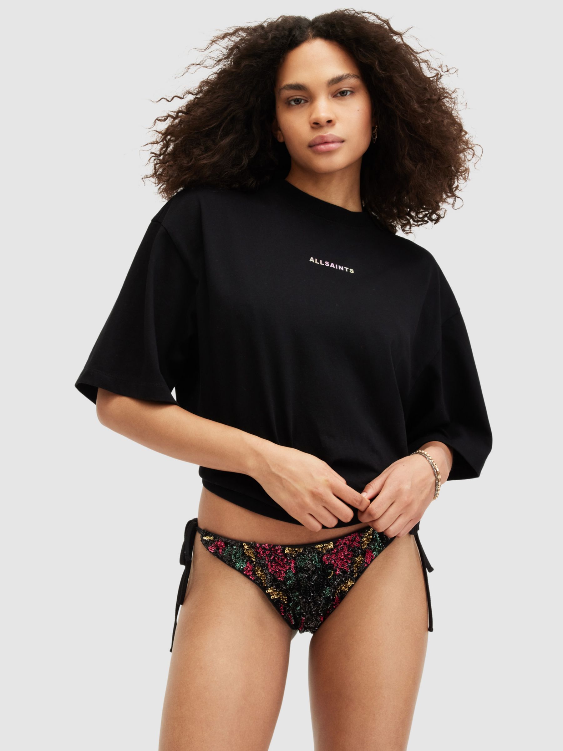 AllSaints Jamilia Sequin Embroidery Side Tie Bikini Bottoms, Black/Multi, 10