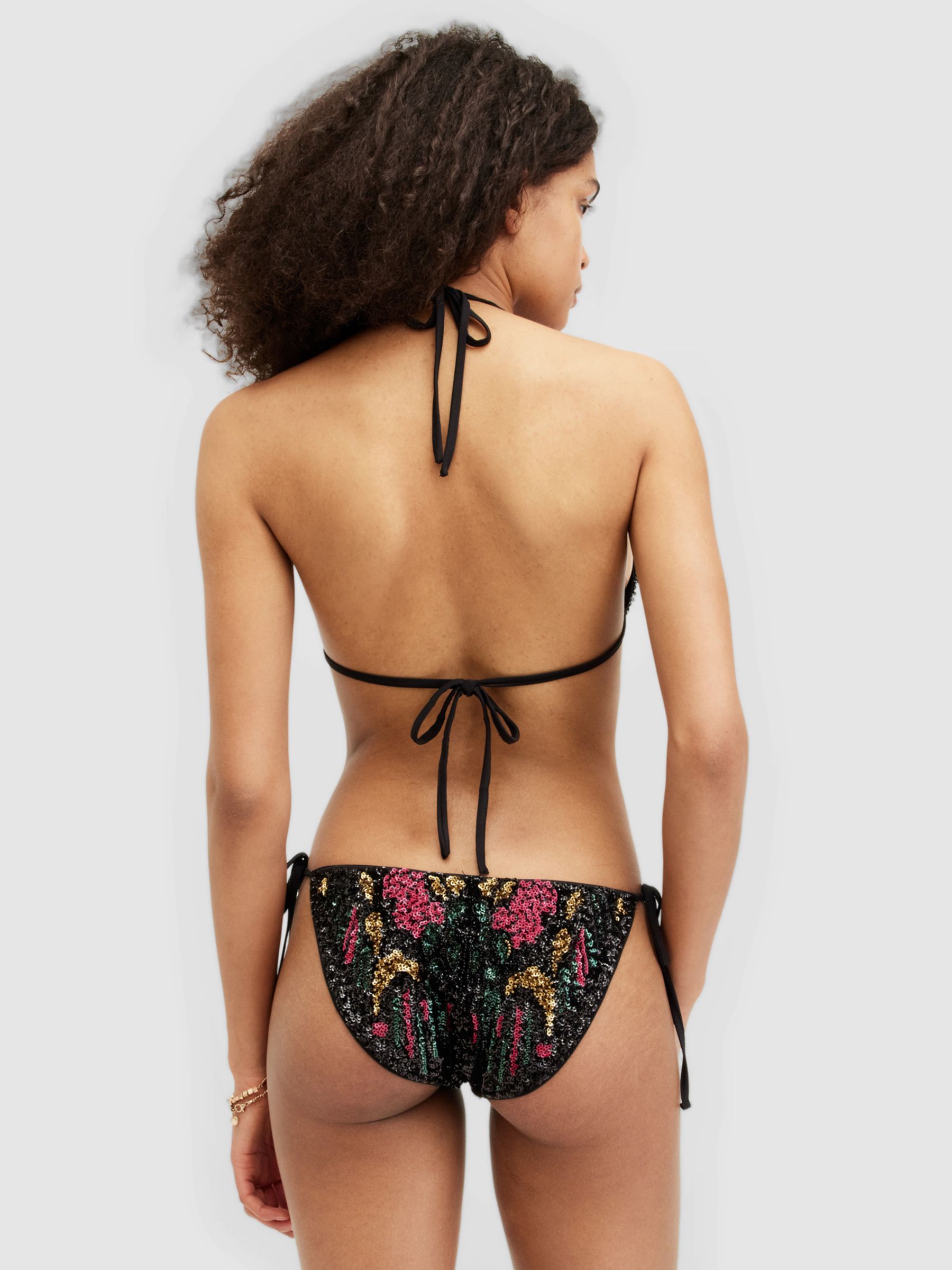 AllSaints Jamilia Sequin Embroidery Side Tie Bikini Bottoms, Black/Multi, 10