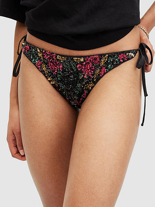 AllSaints Jamilia Sequin Embroidery Side Tie Bikini Bottoms, Black/Multi
