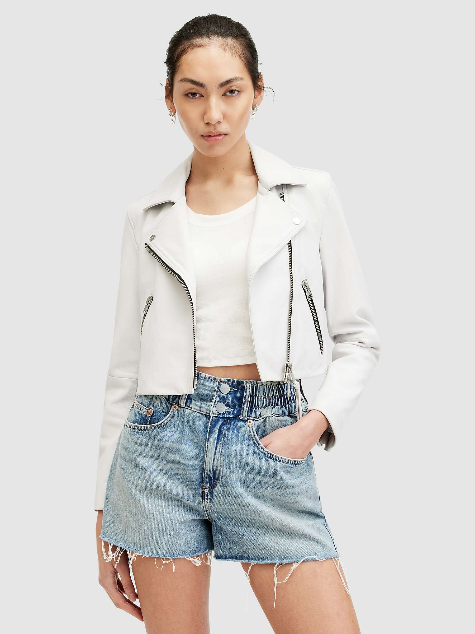 Buy AllSaints Dalby Cropped Leather Biker Jacket, Optic White Online at johnlewis.com