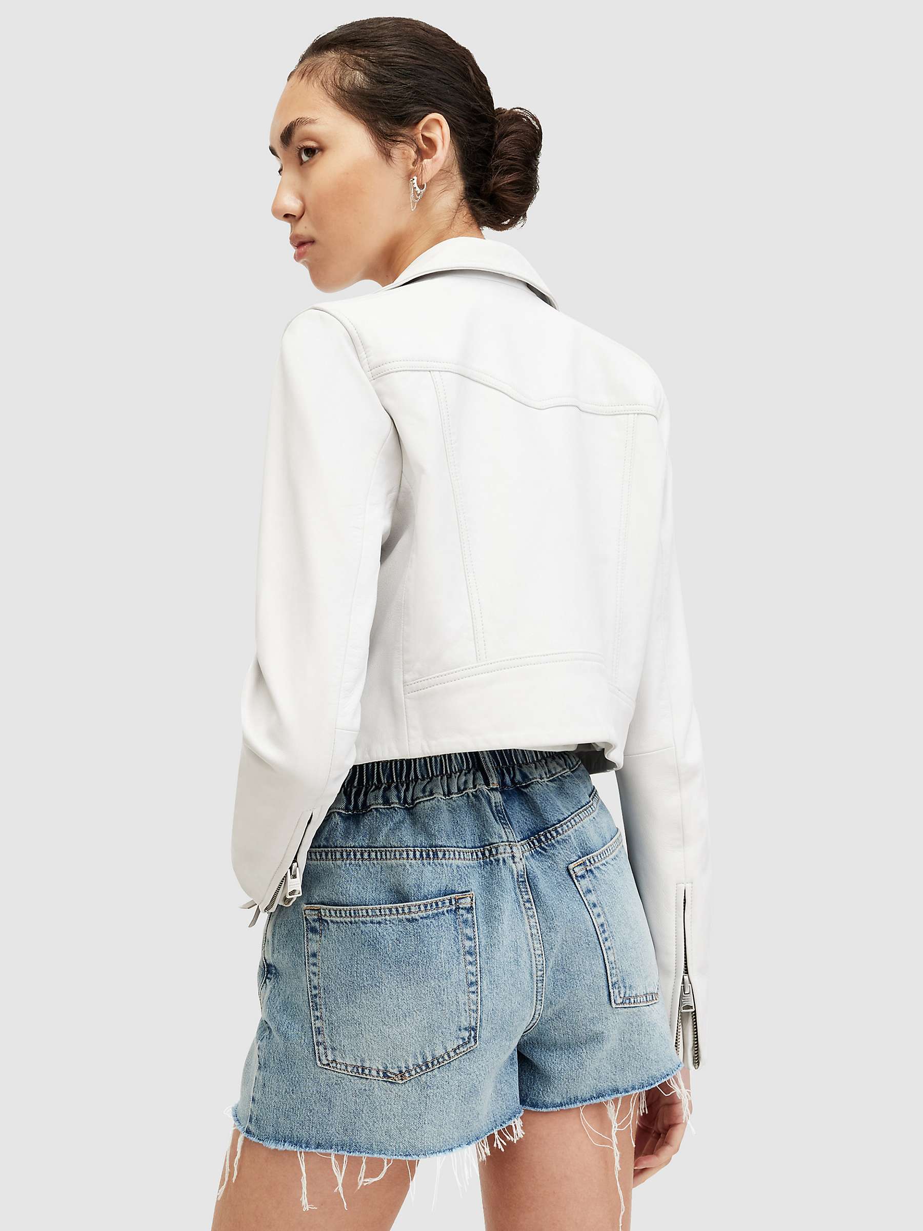 Buy AllSaints Dalby Cropped Leather Biker Jacket, Optic White Online at johnlewis.com