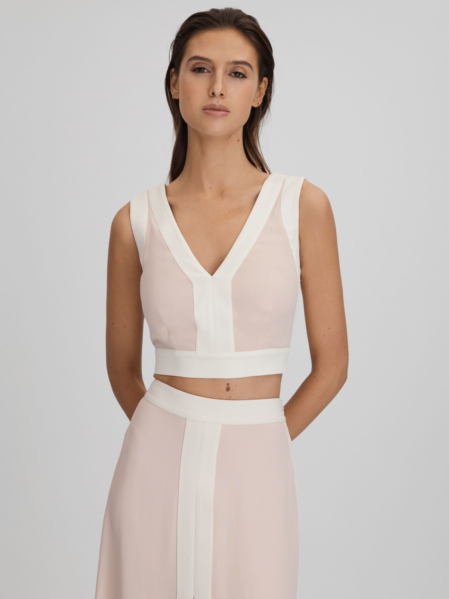 White Colour Block Halter Neck Top, Cropped Tops
